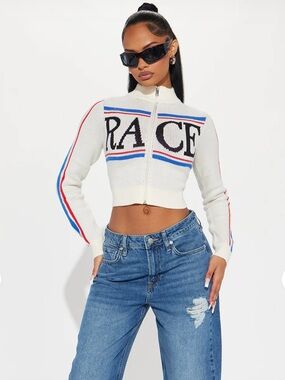 Fashion Nova White Cropped Zip Knit Jacket with Red & Blue Stripes
